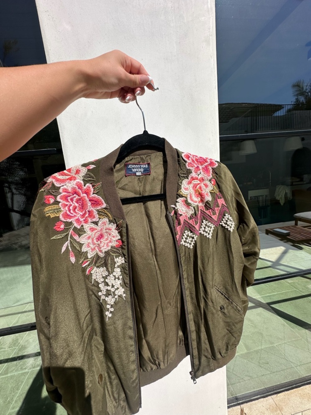 Johnny Was Olive Bomber Jacket with Pink Floral Embroidery